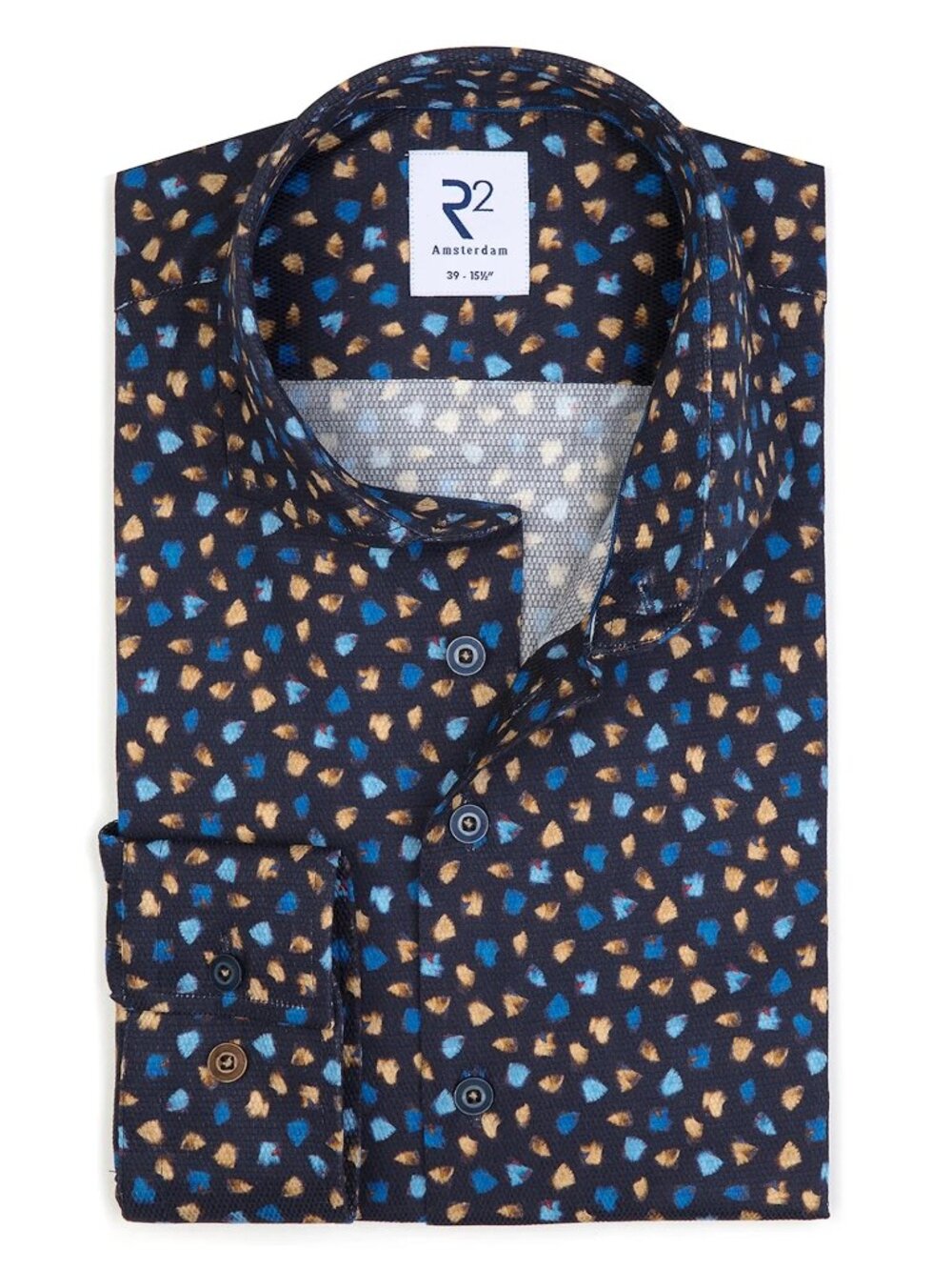 R2 Amsterdam Navy Blue Conversational Beige Print Long Sleeve Button Up Shirt